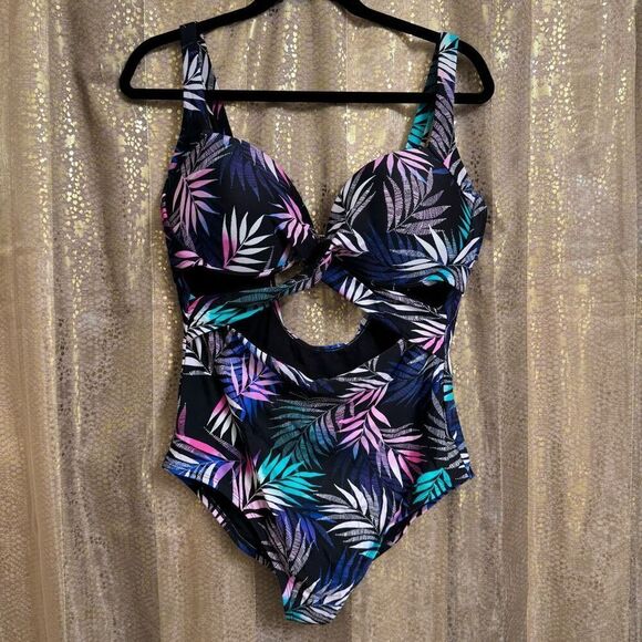 Swimsuits For All Black Pink Blue Tropical Leaf Print One Piece Monokini Size 14 - Picture 1 of 8